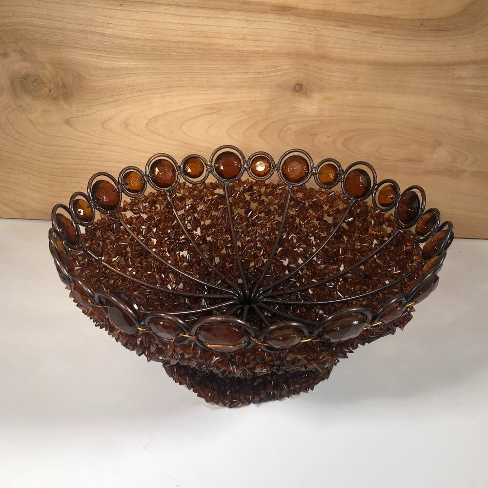 Wire and Brown Plastic Bead Bowl 10" Diameter Vintage Mid Modern Century MCM